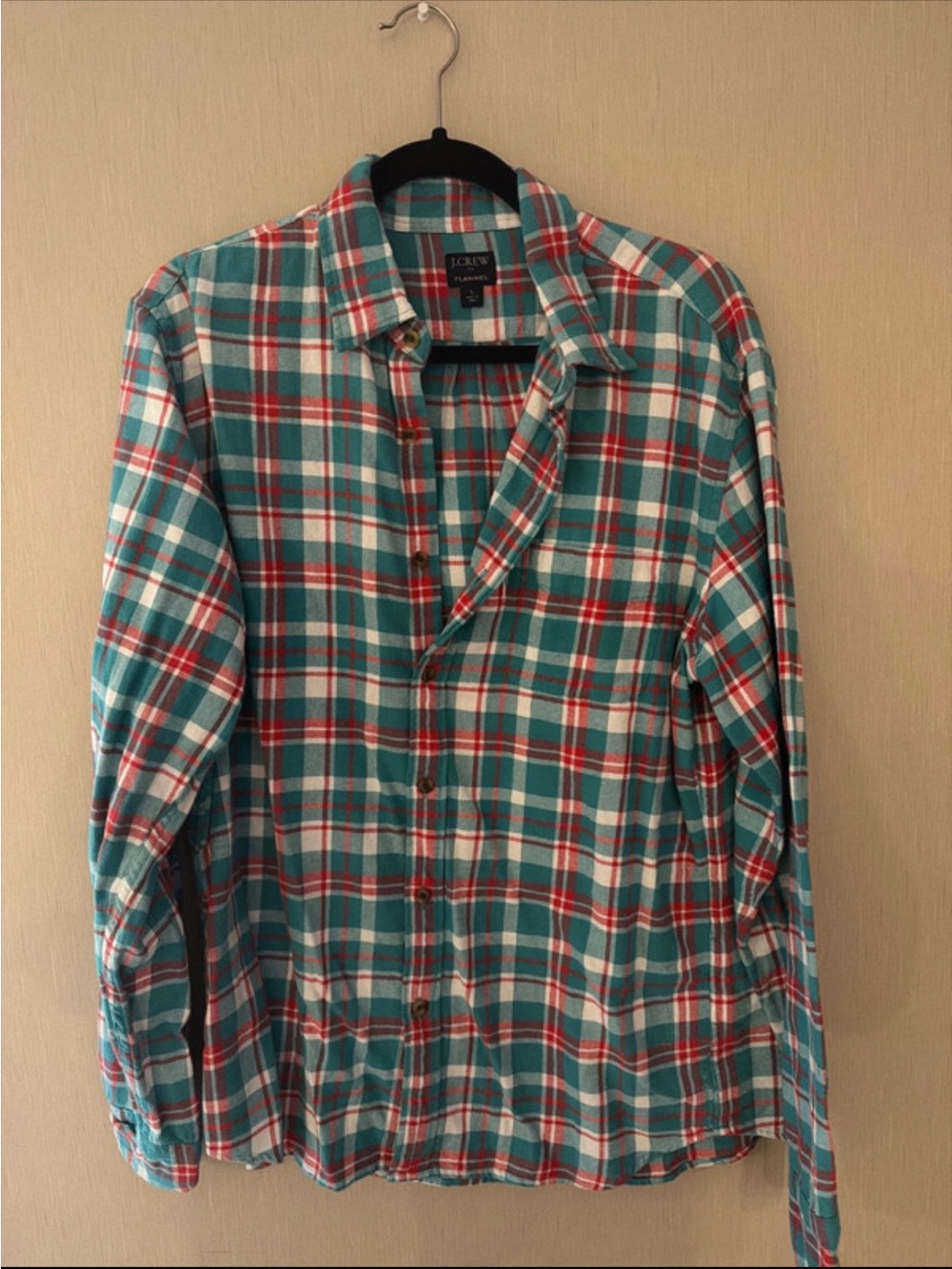 J. Crew large Teal Red Plaid Button-Down flannel Shirt